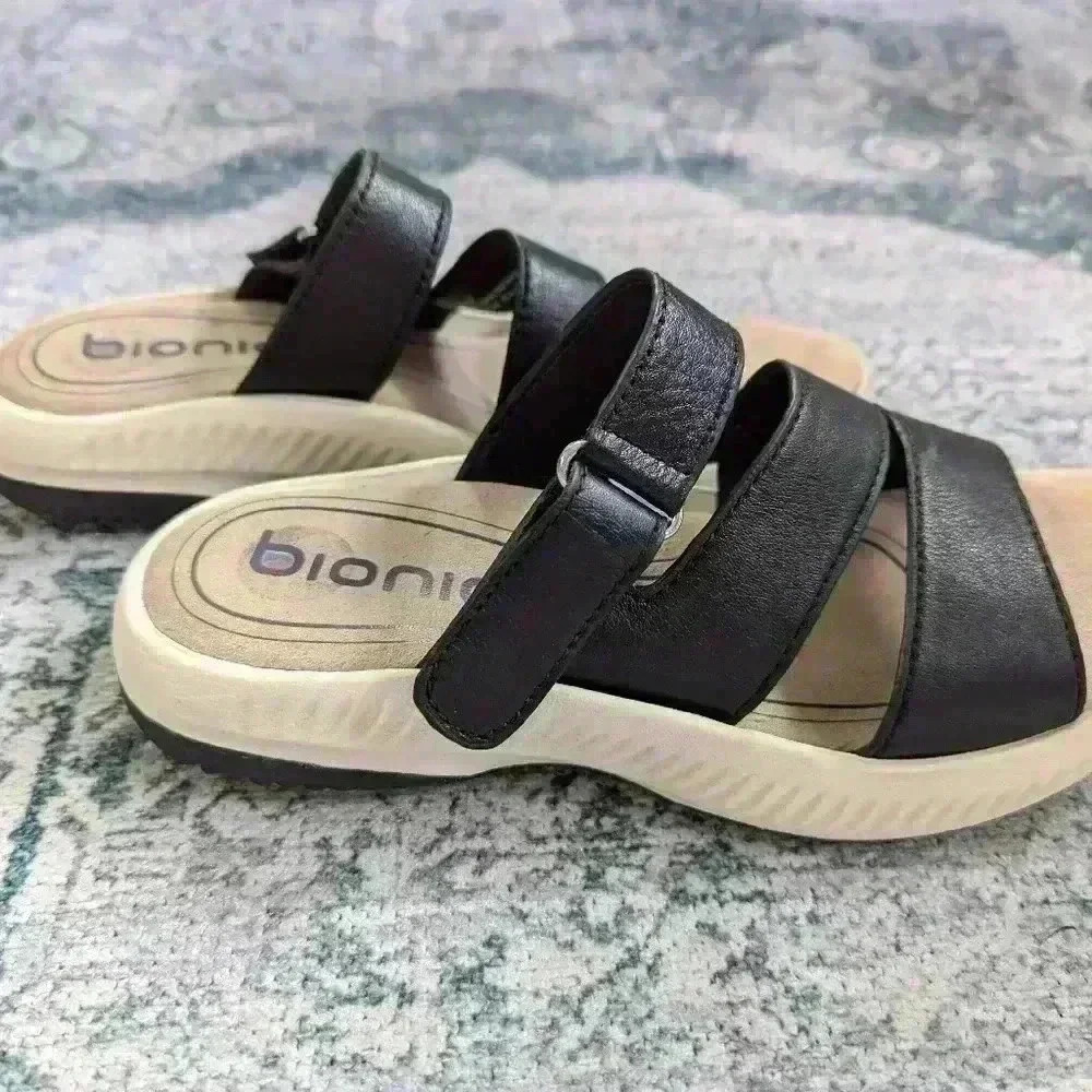Bionica Black Leather Slip On Adjustable Sandals Size 7 - Picture 2 of 4